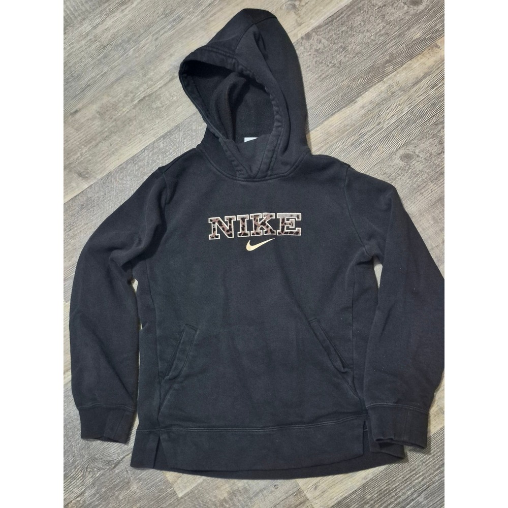 Nike Sportswear Leopard Print Logo Hoodie Black Gold Girls Medium